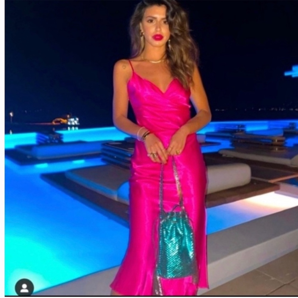 Zara hot pink satin midi dress fuchsia magenta berry silky faux wrap knee slit - Picture 4 of 14